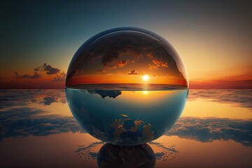 Sticker - a sunrise over the ocean, with a globe in the background, created with generative ai