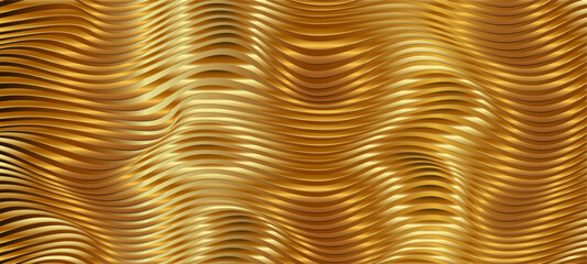 Fototapete - Abstract Gold metal background with waves. 3d gold stripy metallic backdrop. Abstract luxury background. Golden Texture with wavy, curves stripes. Minimalist geometric cover design. Vector EPS10.