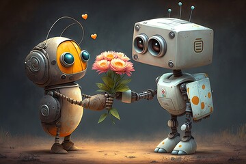 Wall Mural - cute robot presents bouquet of flowers to loved one, created with generative ai