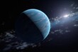 a view of a distant exoplanet, with its blue atmosphere and white clouds visible, created with generative ai