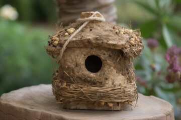 Canvas Print - rustic birdhouse with brown twine and natural seed mix visible, created with generative ai