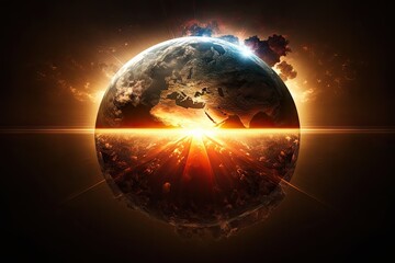 Wall Mural - a dramatic sunrise over a globe, with rays of light illuminating the world, created with generative 