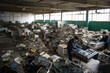 e-waste recycling facility, with workers dismantling and sorting pieces of electronic devices, created with generative ai
