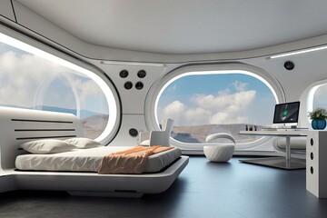 Wall Mural - futuristic bedroom, with view of the stars and planets through the window, created with generative ai