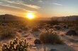 summer sunset over desert, with cacti and distant mountains visible, created with generative ai