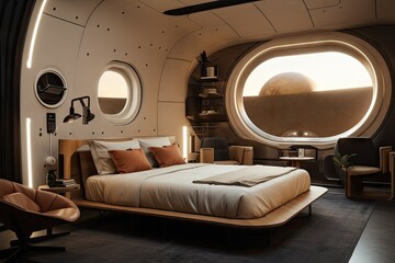 Wall Mural - bedroom with view of the stars and distant planets, with futuristic spacesuit hanging on the wall, created with generative ai