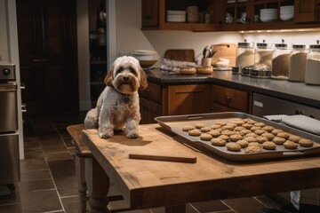 dog chef, baking homemade dog treats on wooden countertop, created with generative ai