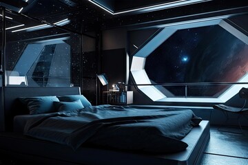 Wall Mural - futuristic bedroom with view of outer space, stars shining through the window, created with generative ai