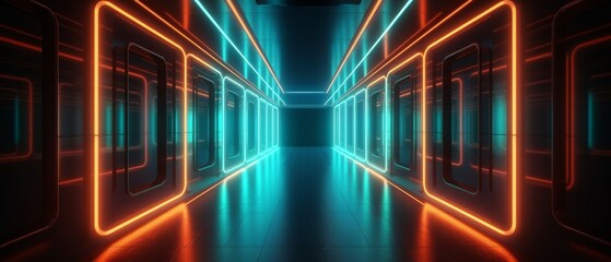 Poster - Long neon corridor, abstract tunnel colorful. Generative AI