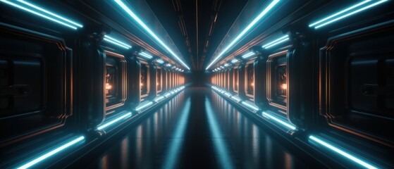 Poster - Long neon corridor, abstract tunnel colorful. Generative AI