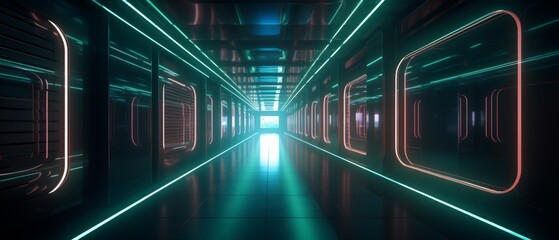 Poster - Long neon corridor, abstract tunnel colorful. Generative AI