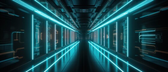 Poster - Long neon corridor, abstract tunnel colorful. Generative AI