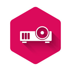 Poster - White Presentation, movie, film, media projector icon isolated with long shadow. Pink hexagon button. Vector
