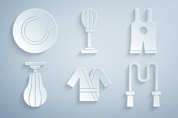 Sticker - Set Japanese costume Kimono, Wrestling singlet, Punching bag, Jump rope, and Tennis ball icon. Vector