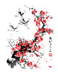 A flock of cranes on a background of cherry blossoms. Vector illustration in traditional oriental style. Text - 