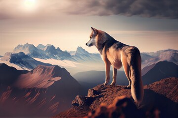 Wall Mural - wolf with its eyes fixed on distant horizon, surveying the open expanse of the mountain range, created with generative ai
