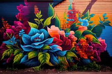 Urban Graffiti Art Featuring Mural Of Vibrant Flower Garden, Created With Generative Ai