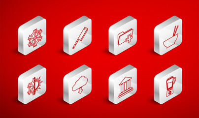 Sticker - Set line Blender, Meat chopper, Add new folder, Bowl with chopsticks, Bank building, Snowflake, Cloud download and Sun and snowflake icon. Vector