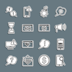 Canvas Print - Set line Mobile phone diagnostics, Question and Exclamation, Megaphone, Wrench screwdriver in gear, Page with 404 error, Hourglass, and Setting icon. Vector