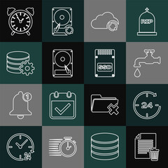 Poster - set line delete file document, clock 24 hours, water tap, cloud sync refresh, hard disk drive hdd, s