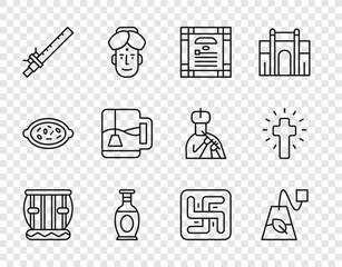 Sticker - Set line Instrument tabla, Tea bag, India constitution day, Indian vase, Bamboo flute indian, Cup of tea with tea, Hindu swastika and Christian cross icon. Vector