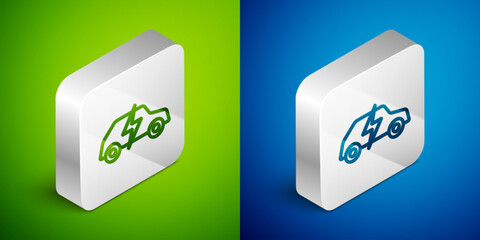 Sticker - Isometric line Electric car and electrical cable plug charging icon isolated on green and blue background. Renewable eco technologies. Silver square button. Vector