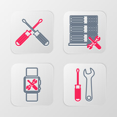 Wall Mural - Set line Screwdriver and wrench, Smartwatch service, Database server and Crossed screwdrivers icon. Vector