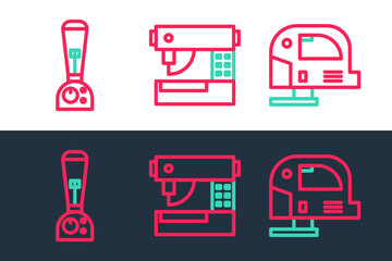 Sticker - Set line Electric jigsaw, Blender and Sewing machine icon. Vector