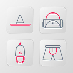 Sticker - Set line Men underpants, Police cap with cockade, Sport bag and Gardener worker hat icon. Vector