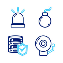 Poster - Set line Ringing alarm bell, Server with shield, Bomb ready to explode and Motion sensor icon. Vector