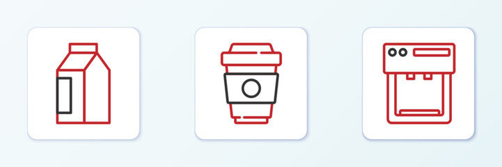 Sticker - Set line Coffee machine, Bag coffee beans and cup to go icon. Vector