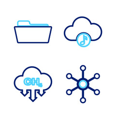 Sticker - Set line Network, Methane emissions reduction, Music streaming service and Folder icon. Vector