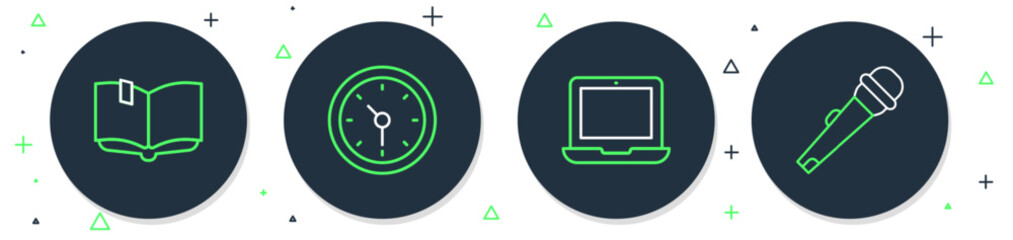 Poster - Set line Clock, Laptop, Open book and Microphone icon. Vector