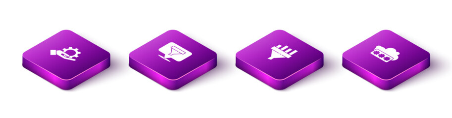 Sticker - Set Isometric Hand settings gear, Location with sales funnel, Sales chart and Password protection icon. Vector