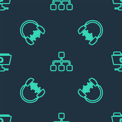 Poster - Set line Hierarchy organogram chart, Headphone and sound waves and FTP sync refresh on seamless pattern. Vector