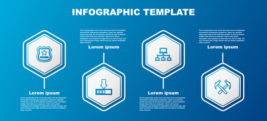 Poster - Set line Police badge, Loading, Computer network and Two crossed hammers. Business infographic template. Vector