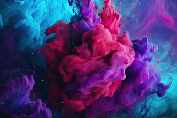 Wall Mural - Neon blue, pink and purple multicolored smoke puff cloud splashing, design elements on a dark background - generative ai	