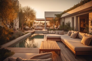 Wall Mural - Residential house summer terrace with pool and outside furniture, ai generative