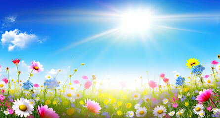 Wall Mural - blooming spring flowers on field meadow against blue sky in summer. Generative AI illustration