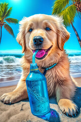 Wall Mural - A cute puppy lies on the seashore under the palm trees. AI Generated