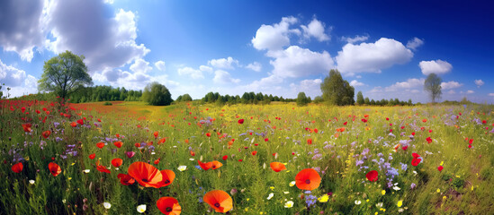 Wall Mural - meadow field with flowers and trees on sunny summer day. Generative AI illustration