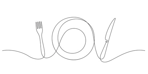 continuous one line drawing of dining table set and utensils steak knife,fork and plate