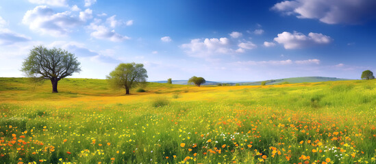 Wall Mural - meadow field with flowers and trees on sunny summer day. Generative AI illustration