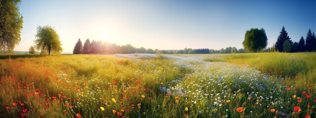 Wall Mural - meadow field with flowers and trees on sunny summer day. Generative AI illustration