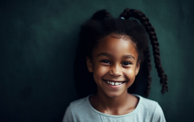 Dark-skinned black african american girl smiling studio portrait. Happy child. Cute kid. Generative AI 