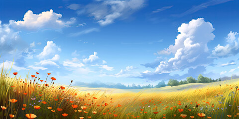 Wall Mural - panorama of meadows fields with flowers in summer under a sky. Generative AI illustration