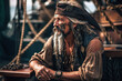 © alexkoral - portrait of medieval pirate in costume and hat on deck of a ship. Generative AI