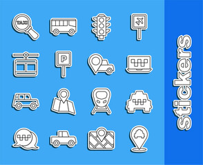 Poster - Set line Location with taxi, Taxi car, Laptop call service, Traffic light, Parking, Cable, Magnifying glass and and icon. Vector