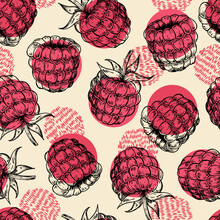 Sketch Style Raspberries With Abstract Elements. Vector Seamless Pattern. Hand Drawn Illustrations.