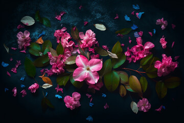 Wall Mural - picture with flowers and leaves on a dark background with a pink flower. ai generative